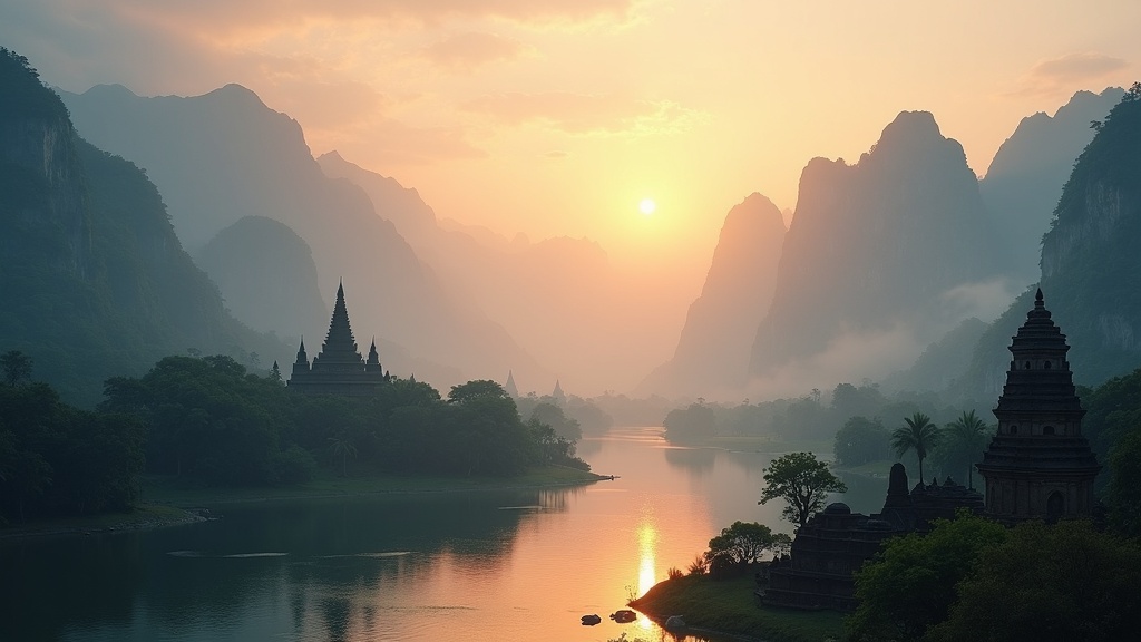 Flowing mountain landscape with morning mist and ancient temples